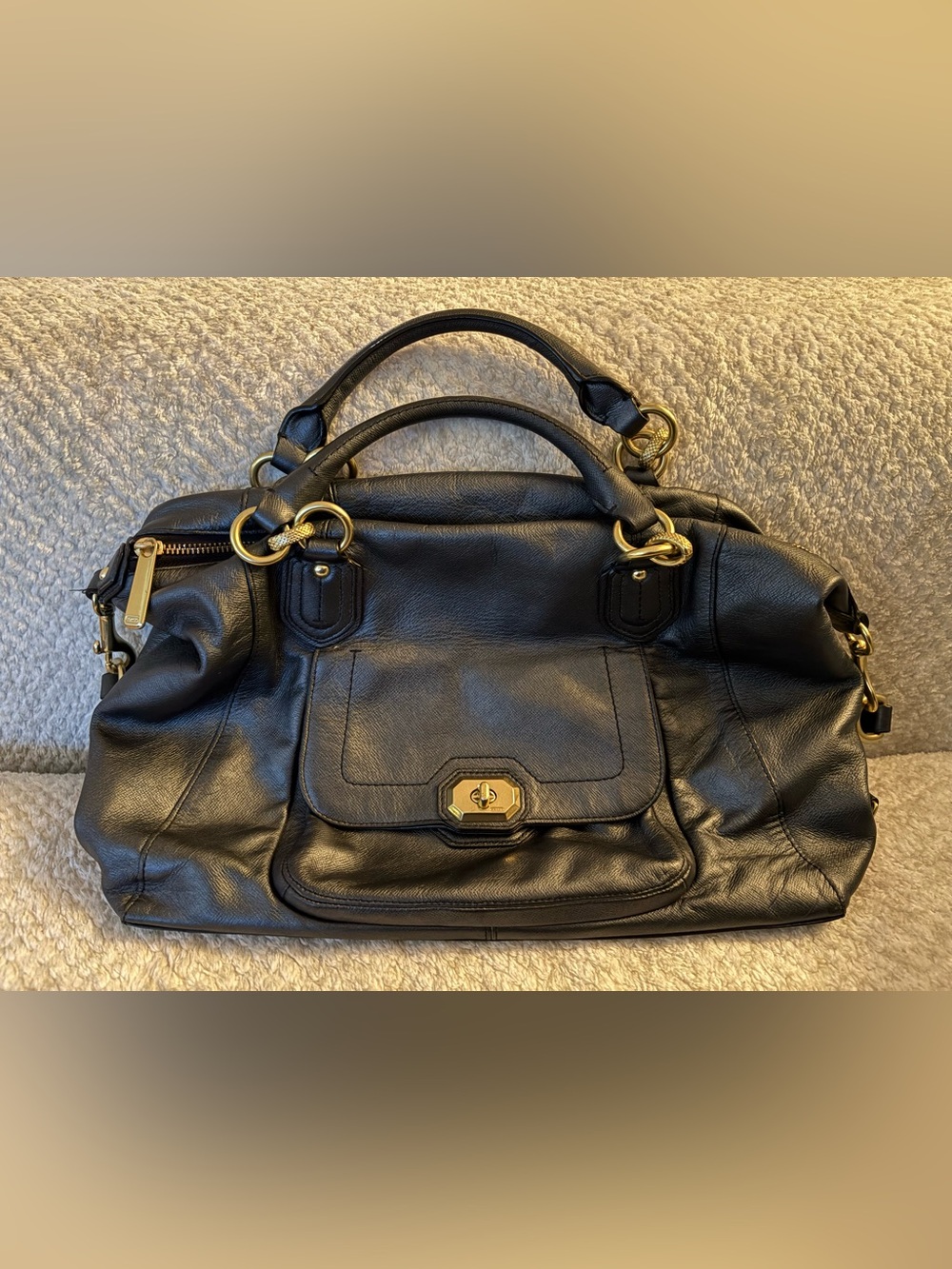 Black Leather Top-Handle Women's Satchel with Gold Hardware